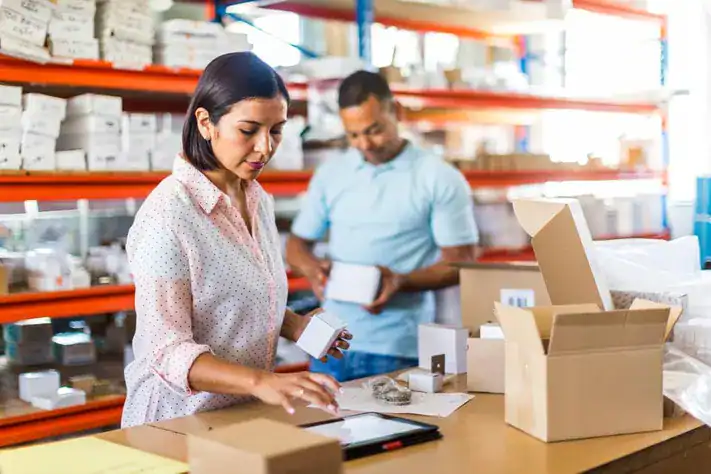 Two people work in a warehouse. A woman in front checks a tablet and handles a small box on a table with parcels, while a man in the background holds a box. Shelves with various boxes are visible behind them.
